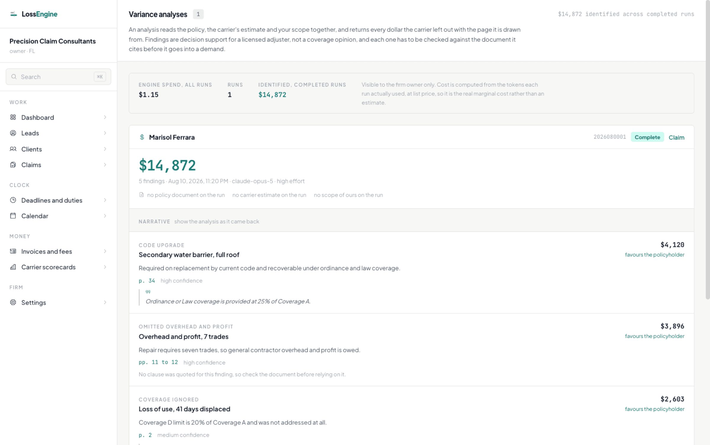 The variance analyses screen: $14,872 identified across five findings, each priced, each carrying the policy page it was drawn from and the clause quoted underneath.